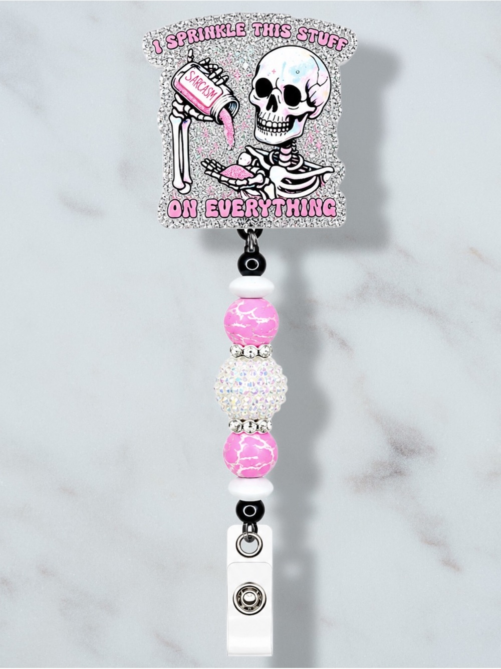I Sprinkle This Stuff On Everything Skull Beaded Badge Reel - Picture 1 of 1